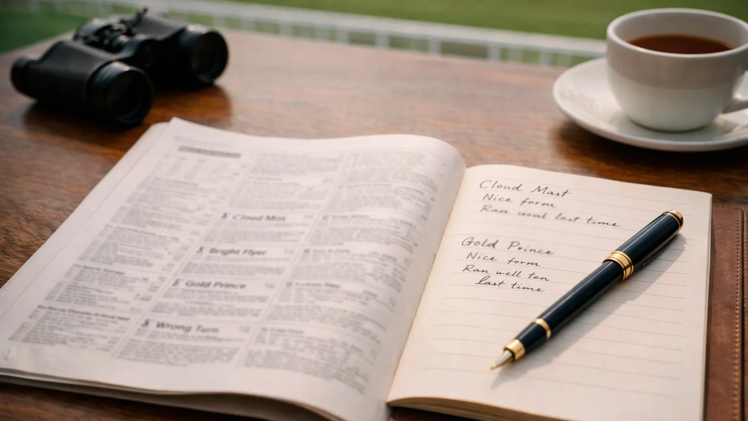 Racing form guide and notebook with betting notes at trackside