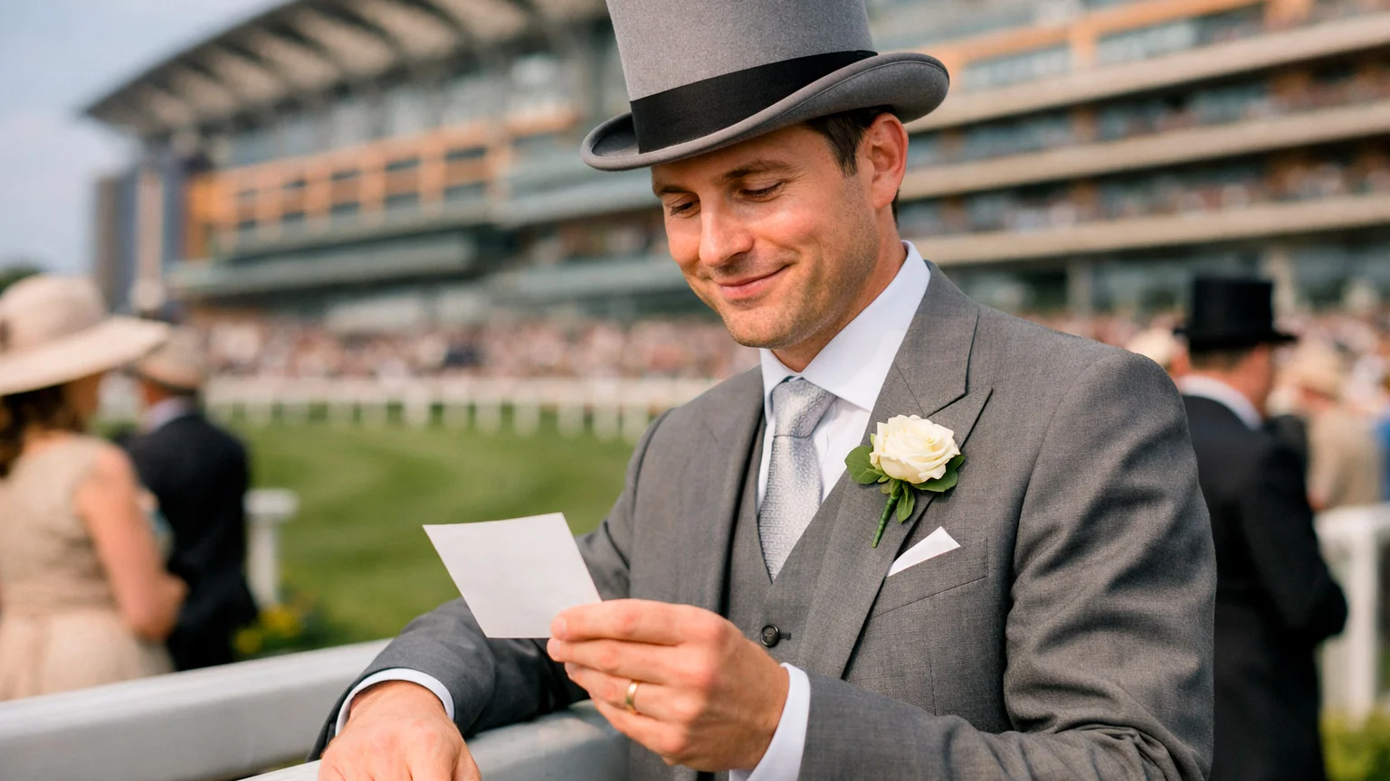 Punter reviewing betting slip at Royal Ascot with racecourse in background