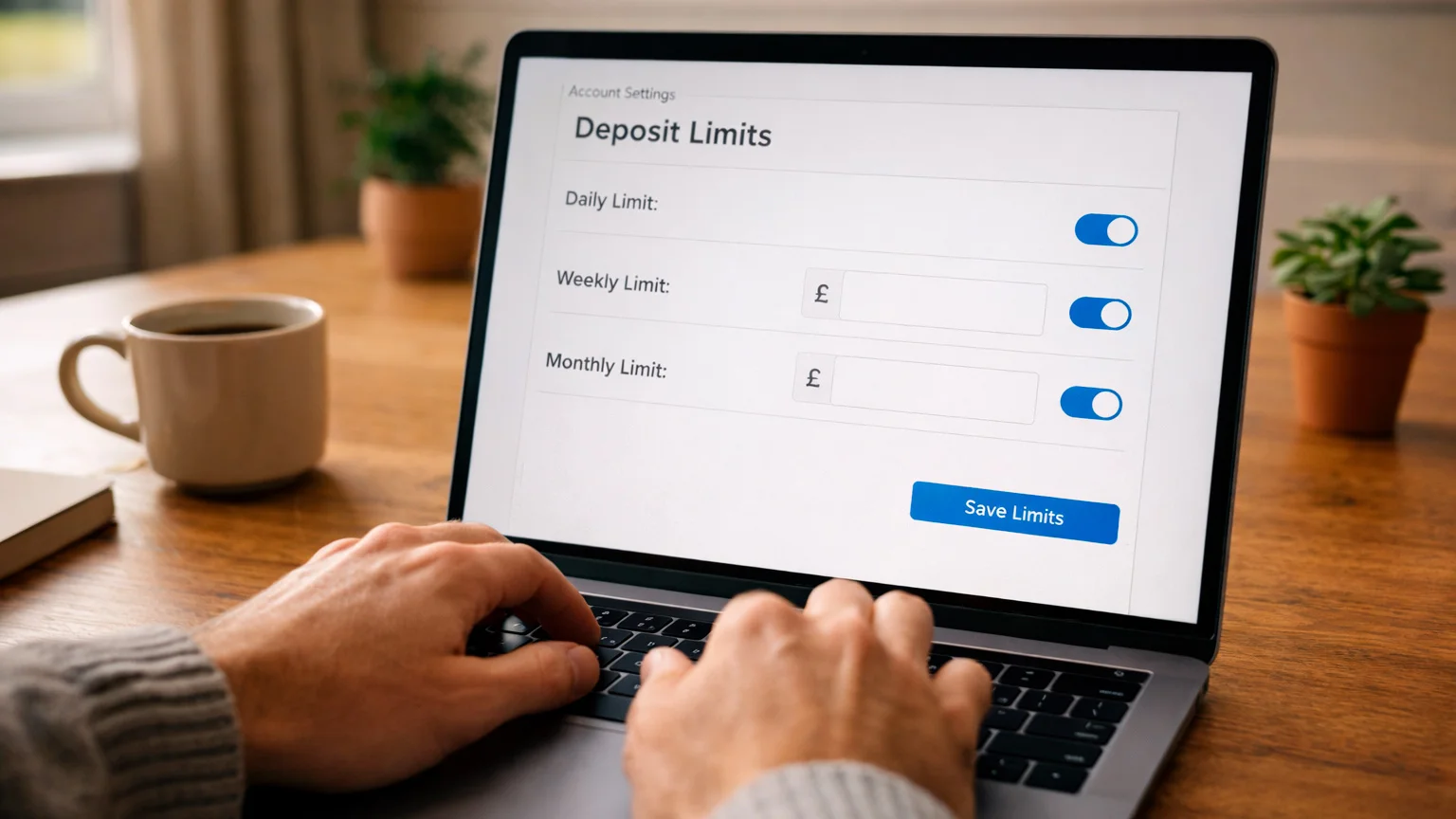 Person setting deposit limits on betting account via laptop