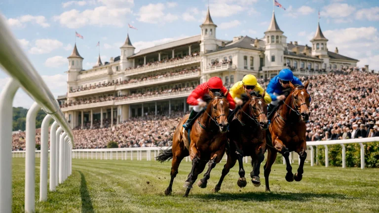 Royal Ascot racecourse grandstand with crowds and horses racing on turf track