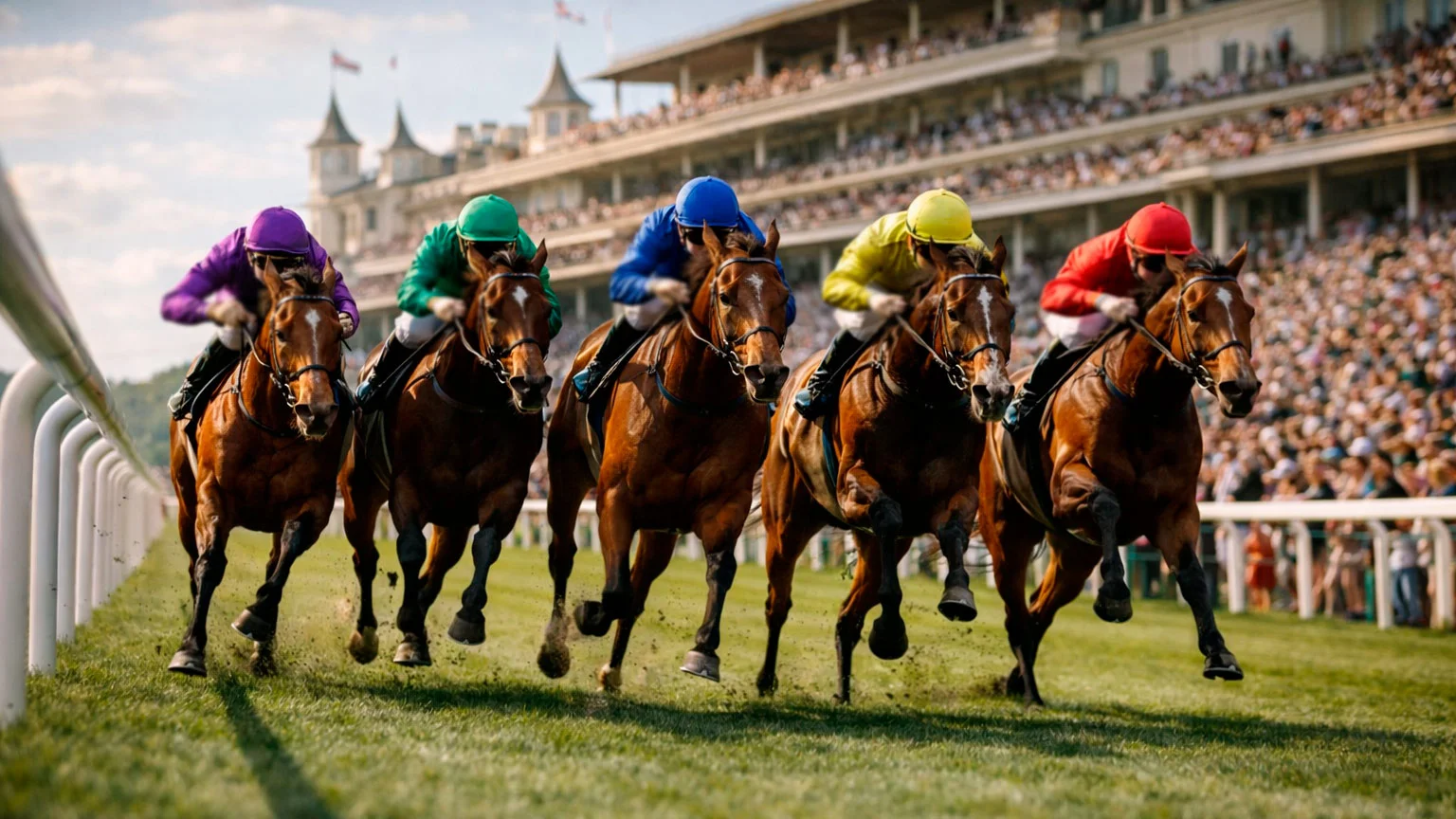 Horses racing during Royal Ascot Gold Cup with packed grandstands